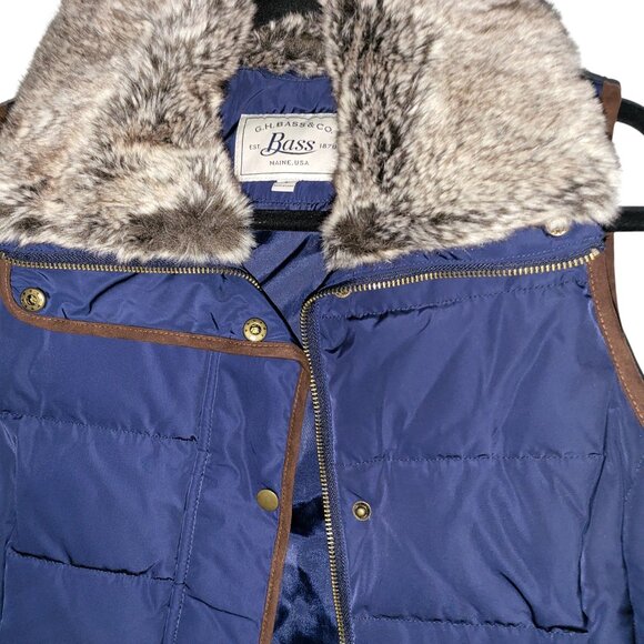 G.H. Bass & Co. | Faux Fur Trim Navy Blue, Brown Outline Puffer Vest - Picture 7 of 15